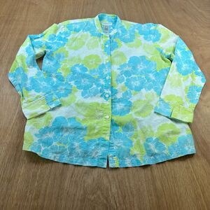 Liz Claiborne Sheer Linen Blend Floral Button Blouse Petite S Blue Green Spring